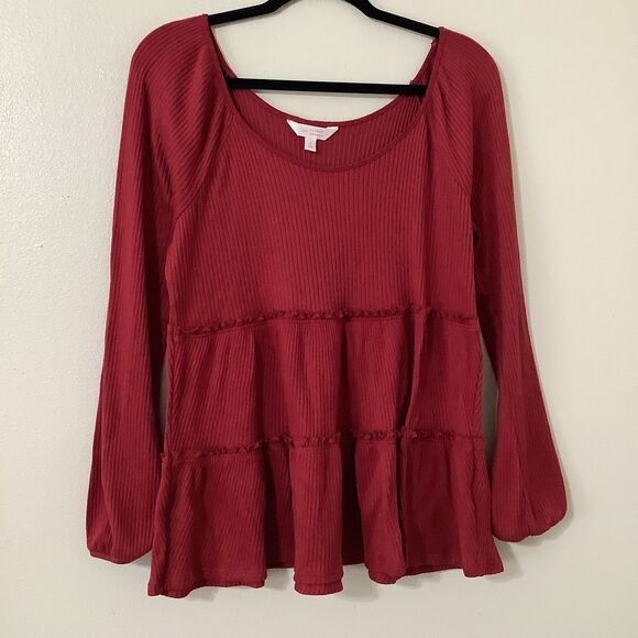 Red Ribbed Layered Ruffle Feminine Cozy Casual Autumn Fall Long Sleeve Top L - Picture 1 of 9